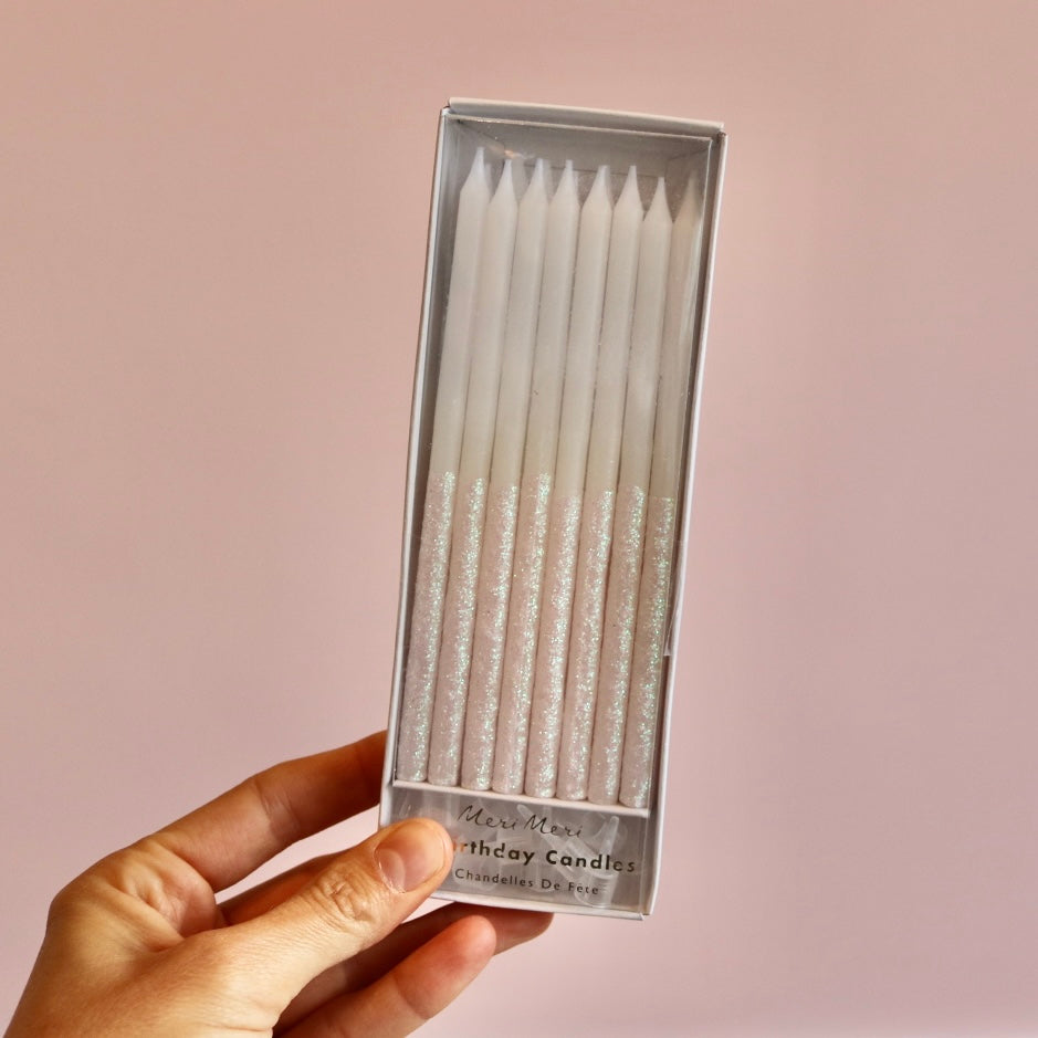 White Glitter Dipped Candles (x16)
