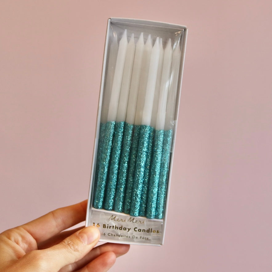 Blue Glitter Dipped Candles (x 16)