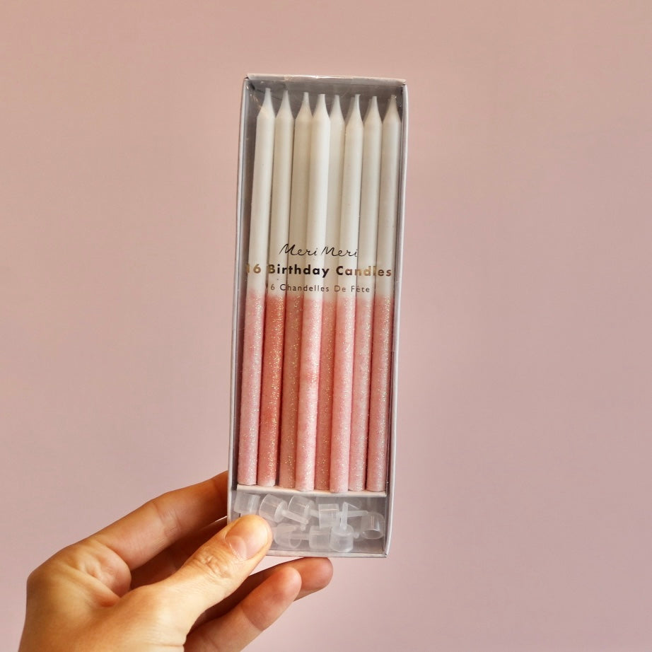 Pale Pink Glitter Dipped Candles (x 16)
